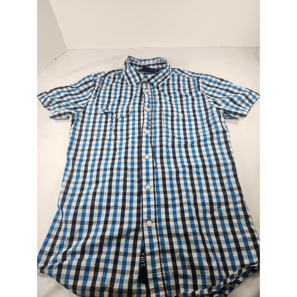 Vurt Boys Blue White Gingham Plaid Short Sleeve Button Down Shirt Size S Cotton